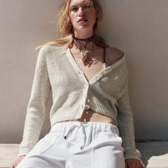 Zara Sweaters - Zara Knit Cardigan Sweater With Sequins in Silver V-Neckline Sz M